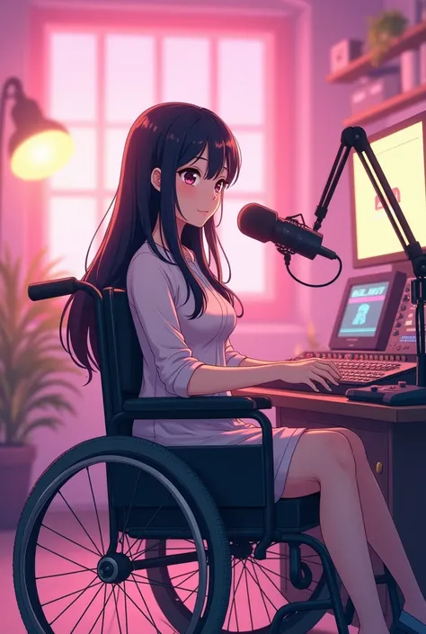 Anime style:1.6,  full body, sweet woman, wheelchair, podcast, pink background music, long black hair, microphone, radio studio in background 