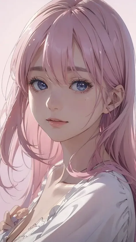 (masterpiece), best quality, beautiful woman, expressive eyes, perfect face,1 woman, a movie still of a woman with pink hair, cgsociety, manga art, anime aesthetic, anime, soft light, strong linework, ((cel shaded style)), line art,simple background, moder...