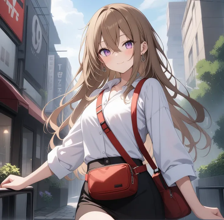 (masterpiece, best quality, very aesthetic, ultra detailed), score_9, score_8_up, score_7_up, source_anime,,
1girl, closed mouth, light smile,
Brown hair, long hair, hair between eyes , lilac
 eyes, earrings,
 white shirt, black skirt,  fanny pack, red bag...