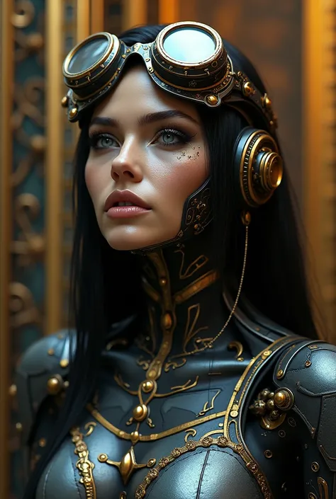 (photorealism:1.2), beautiful woman, sexy, with heavy cleavage, a highly detailed and futuristic character, resembling a blend of human and machine. The figure has a dark, metallic complexion, intricately designed with various mechanical elements that enha...