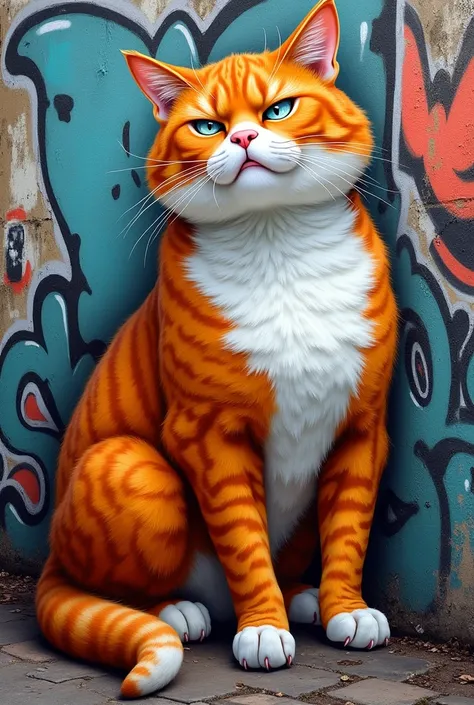 Create a mural of an orange and white cat, a beautiful mural. a mural as graffiti, that the cat feels powerful, that is not so caricature. that is looking to the side almost above