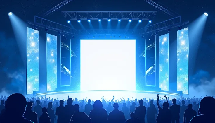 Design a background for a concert，It comes in blue and white，The base color is white，The font uses blue，Elements include the starry sky，cyber punk style，A large area of white space is left in the center of the picture。