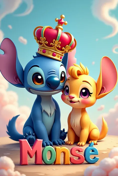 Stitch and Angela with crown and the name Monse in large colored letters 