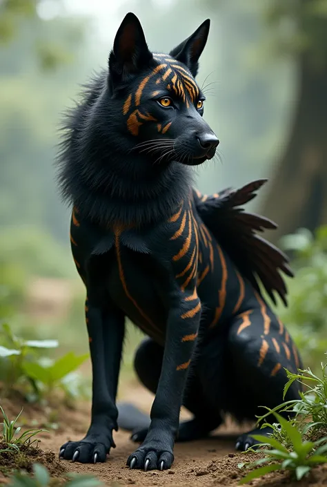 A black dog mix with tiger  and bird
