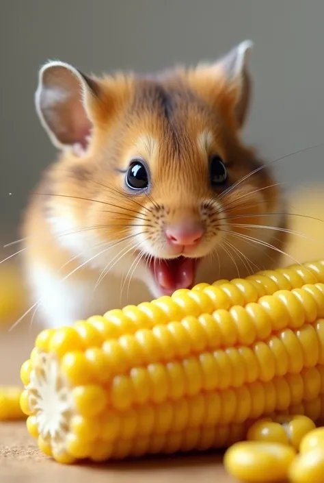 Hamster biting into corn, photography, photorealistic, masterpiece, best quality