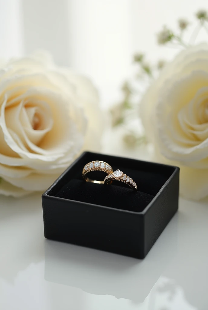 Two wedding rings, one for a man and one for a woman, in a black box with a light background 