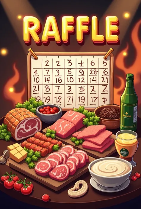 Create an image containing a table of numbers from 00 to 75 for a raffle of a barbecue combo that will contain a kilo of beef, kilo of pork, package of chorizo, kilo of cheese, bag of coal, a soft drink, a marinade, a packet of sauces (English, Soy and gar...