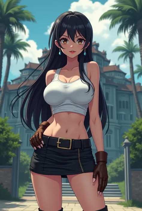 1 girl, young adult, long black hair, brown eyes, slender athletic build, ((very large round breasts)), very tight sleeveless white top, bare midriff, short tight black leather miniskirt, fingerless gloves, bare legs, brown boots, tear-shaped earrings, one...