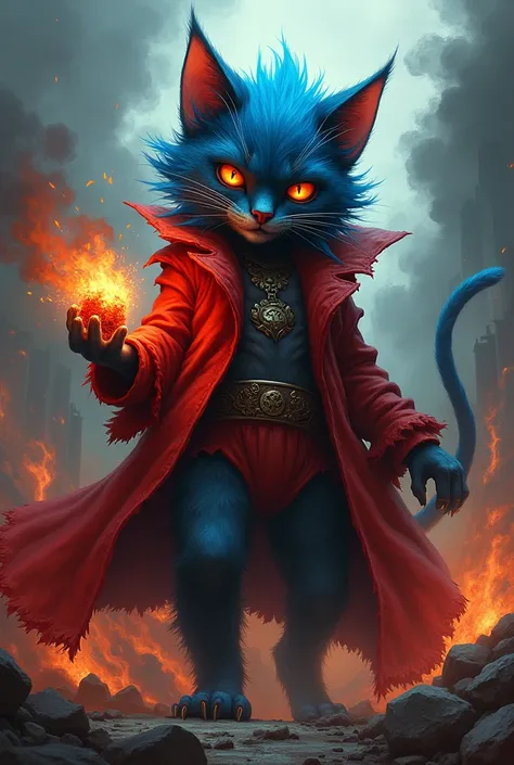 A hellish cat in red clothes and blue hair with gunpowder in her hand 