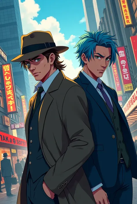 Make an anime style image:two men the man in detective clothes with a hat and he had brown hair and a monocle and the other one with blue hair and a suit the two were terrorizing the city 