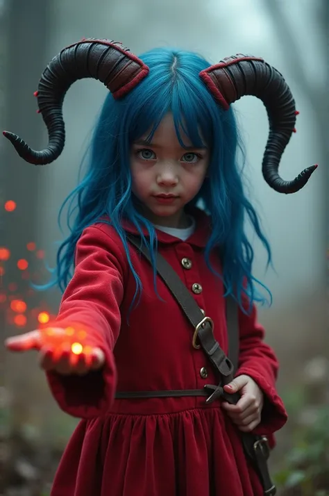 A little hellish girl in red clothes and blue hair holding gunpowder 