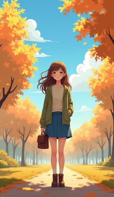 "A young girl with long, slightly wavy brown hair stands outdoors in the early autumn season. She is wearing a light beige knit sweater and a knee-length denim skirt, paired with brown ankle boots. A light olive green cardigan is draped over her shoulders....