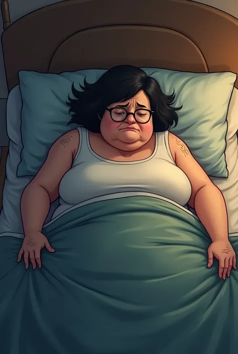 Fat woman　bed　Aunt　Hard　I have a belly　Black Hair　Unable to move　Glasses　60 years old