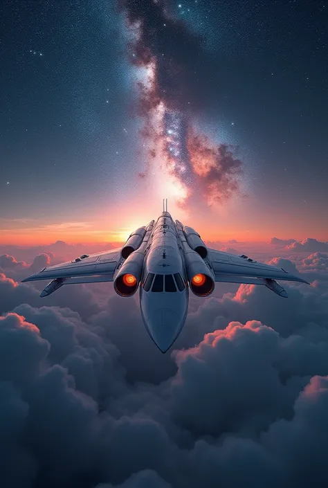 A turbo-powered spaceship is heading to the galaxy.,Hope emerges from the clouds,A great place, science fiction look,(SF的な流線形のbeautiful機体:2.0),(The background is outer space and the Milky Way.:1.6),masterpiece,The highest quality,ultra high resolution,(Sup...