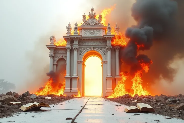 Background:

A stark white background to emphasize the horror of the scene.



2. Main Elements:

White Gate:

A large, ornate white gate, slightly ajar, showing flickering flames emerging from the opening. The gate should have intricate designs, but the f...