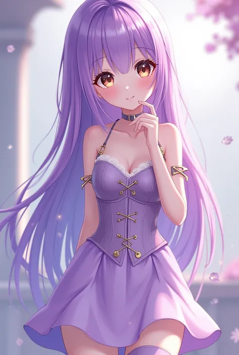 Kawaii anime girl with pale skin and purple hair, lilac corset and lilac side skirt, She also has brown eyes and purple knee-high socks. 