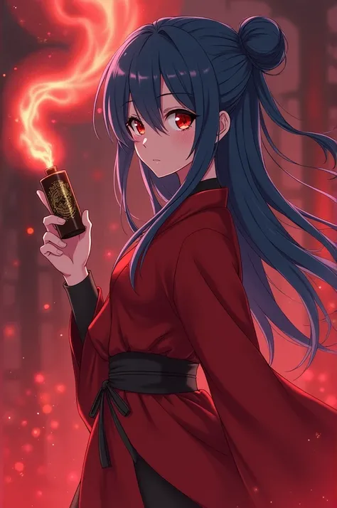 A hellish  in red clothes and blue hair holding gunpowder anime