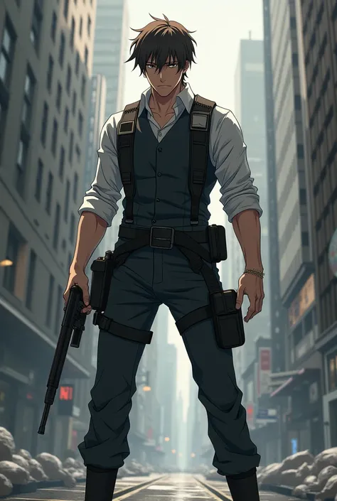 4,
Short brunette wavy curtain hair,
66,
White dress shirt with charcoal waistcoat,
Black tactical vest,
Black boots,
Terrorist,
Holding a remote detonator 
Male,
Anime style.



