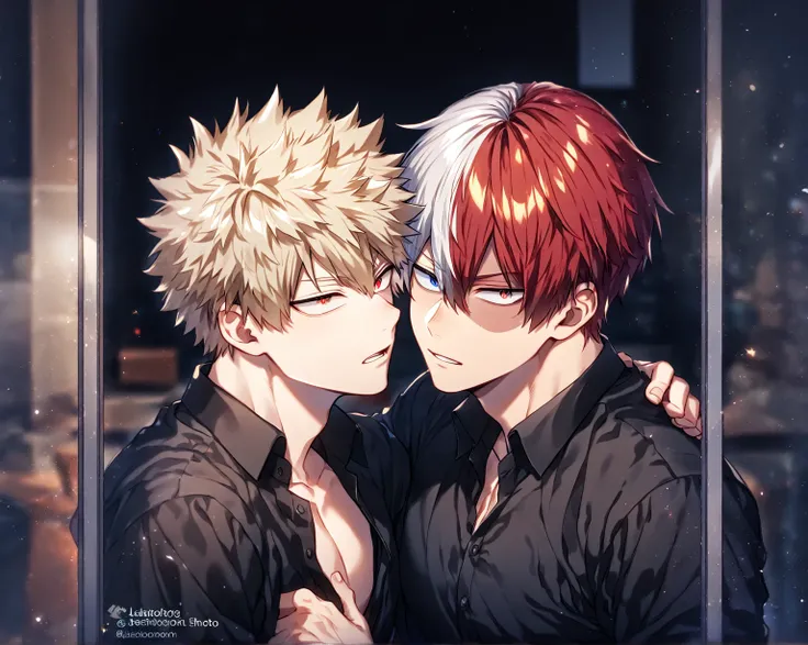 absurdres, highres, ultra detailed, HDR, master piece, Todoroki Shouto, bicolor hair, right side of hair is red, left side of hair is white, heterochromia, expressive blue right eye, gray left eye, black clothes, Bakugo Katsuki, ash blonde hair, expressive...