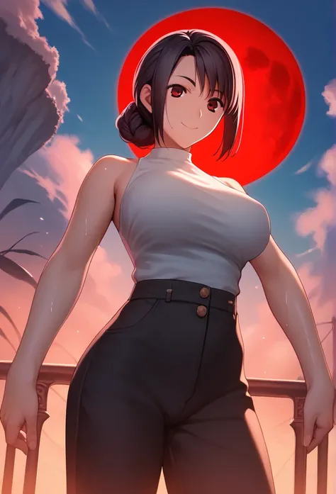 Score_9, Score_8_up, Score_7_up, One girl,smile, Hirokazu Koyama ,Cowboy Shot,Sweaty,sexy,Pixel Perfect,Large Breasts,Anatomically correct, masterpiece, Very detailed,Outdoor,8k, (background,big red moon,Detailed),(Fits your body,黒いライダースーツ,Sleeveless),Spre...