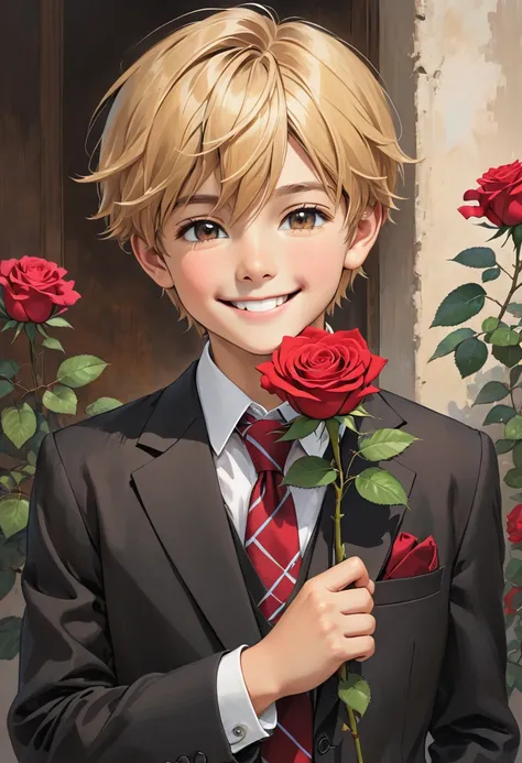 a young boy with blond hair wearing a suit and holding a rose solo flower rose necktie smile looking at viewer brown hair