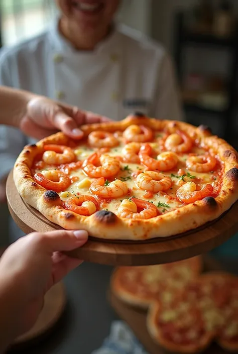 hand holding large shrimp and mozzarella pizza