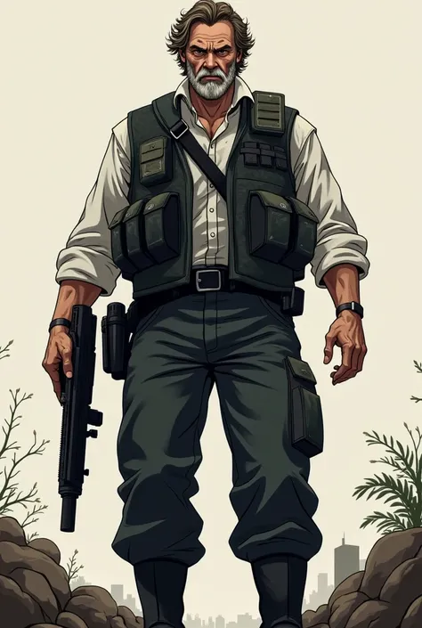 4,
Aging lines,
Short brunette wavy curtain hair,
66,
White dress shirt with charcoal waistcoat,
Black tactical vest,
Black boots,
Terrorist,
Holding a remote detonator 
Male,
Anime style.



