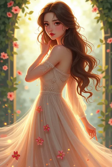 A woman with long wavy brown hair wearing a long dress, flowery and glued.
anime