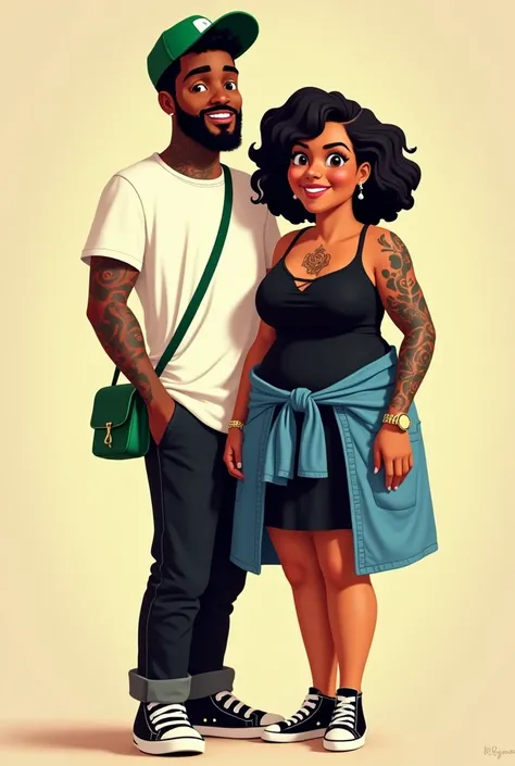 Draw Pixar style of a light brown couple where the man is a white man with black hair. He has a tattoo of a phrase on the front of his neck, wears a beard, and a green cap turned backward. His outfit consists of black pants, sneakers, and a white shirt. He...