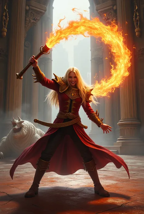 Castlevania like character, branding a giant whip on fire, in a heroic and dinamic pose. Blonde long hair, 4K, high detailed, inside a castle room scenario. hes facing the camera, smiling, on a full body shot. On the background, we can see a white dragon, ...