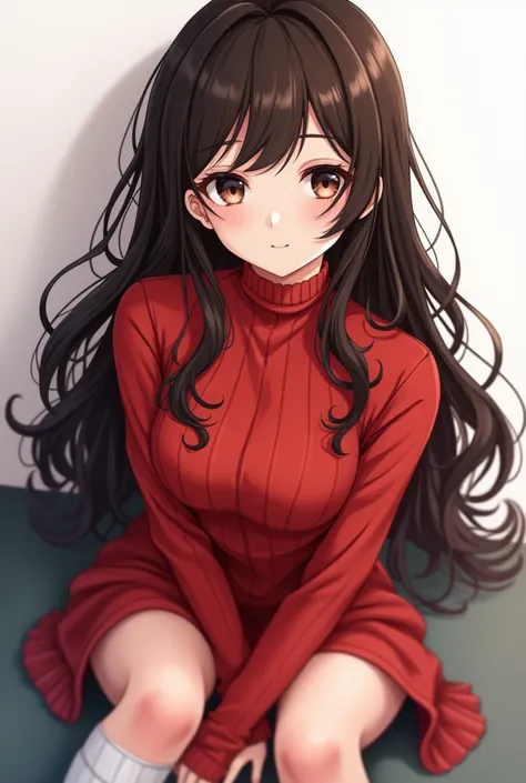 anime girl, tall long wavy dark brown hair, lentes aesthetic,  dark brown eyes, thin eyebrows, red sweater, white socks and black boots, anime girl