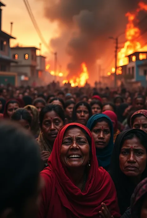 Generate a image that crowd are crying  and tear where there houses is burning and attack by Bangali people in Bangladesh 