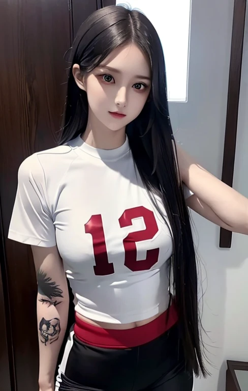 Woman with long hair straight, football jersey 84 in shirt, high detailed, realistic, ultra realistic, football skin t shirt and ((football short pant)), Pine color shirt football skin shirt and black pant, ((red eyes)), tattoo arm, ((right arm tattoo)), t...