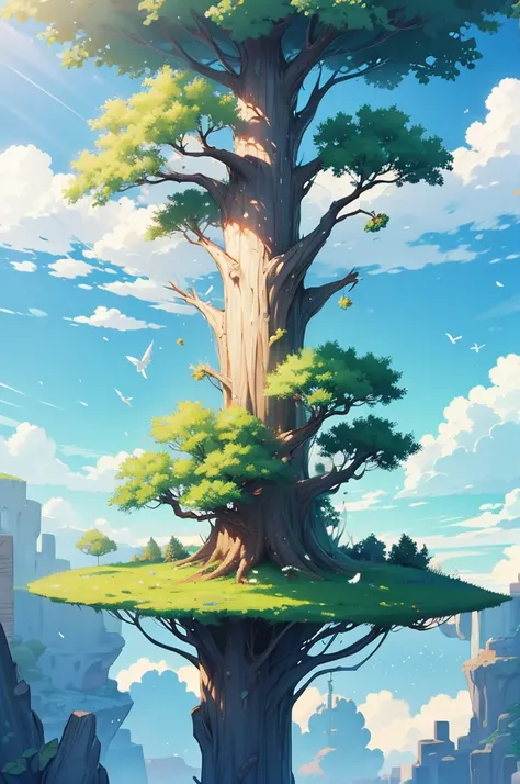 Magical cartoon tree floating in the sky with leaves and roots 