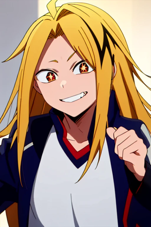 masterpiece, best quality, high quality, 1boy, solo, male focus, looking at viewer, upper body, kaminari_denki, blonde hair, multicolored_hair, female, long hair, normal smile, 1 girl, star pupils