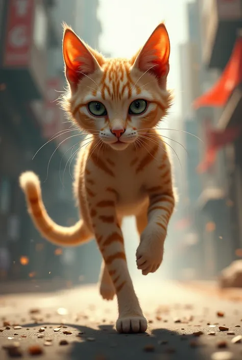 A female furry lead cat running 