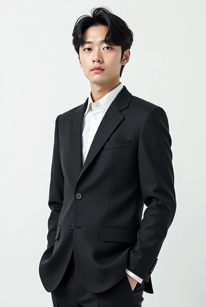 KOREAN MAN, light skin, twenty five years, medium hair up to the neck and black, wearing a suit, hands in pockets, white background and serious expression. 
