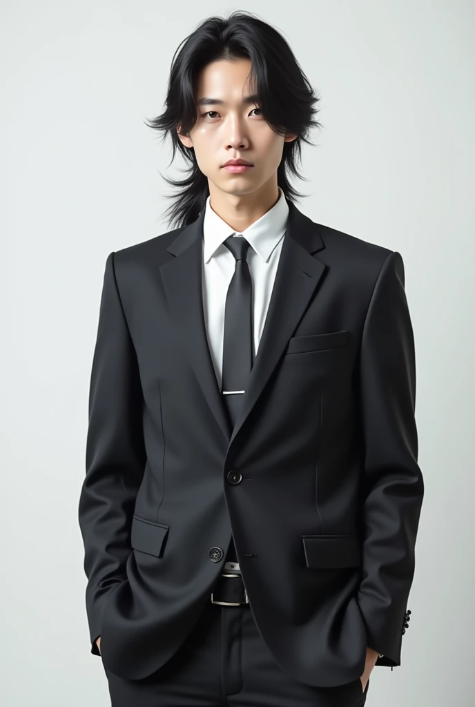 KOREAN MAN, light skin, twenty five years, Long hair, mullet up to the neck and black, wearing a suit, hands in pockets, white background and serious expression. 
