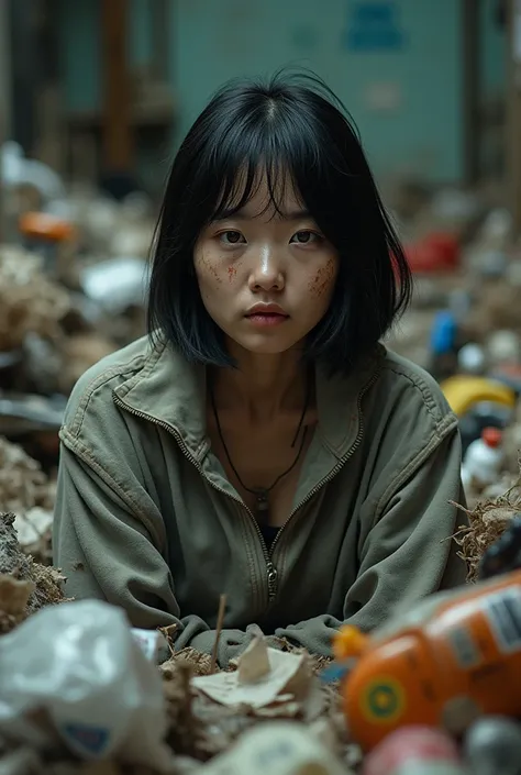 
An 1 Korean woman surrounded by a pile of garbage,aespakarina,bobcut,beggar,beggar,(((Homeless))),(((Bad smell,oil,Mud stains,shit,dirty))),(((Frowning,Look at the camera))),((((The room is full of garbage))),Very fine eye, (((Wear a tracksuit