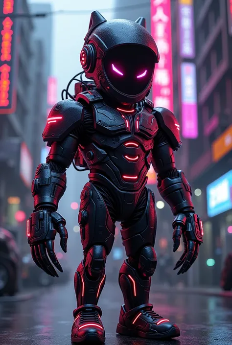 Majin Boo in a cyberpunk version would be a dark vigilante, with high-tech armor, full of neon lights and cyber gadgets