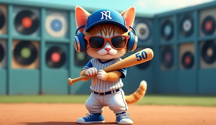 1920x1080 16:9 Perfect Centering, whole body、Cute kitten, wear a white and blue baseball uniform, Wear sunglasses, Wear headphones and a baseball cap with number 17 on it、The bat says 50, Position, Abstract Beauty, Center, Looking into the camera, To the c...