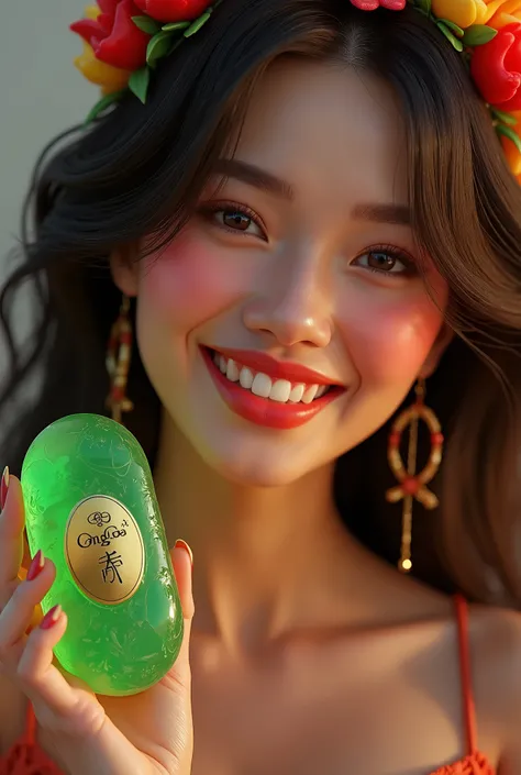 Super realistic, super detailed, close-up of a sexy, extremely beautiful full body woman, holding a modern and famous brand "Ong Gau Bakery" premium attractive meat loaf in her hand in jade crystal embossed with the words "Ong Gau Bakery" in neon green and...