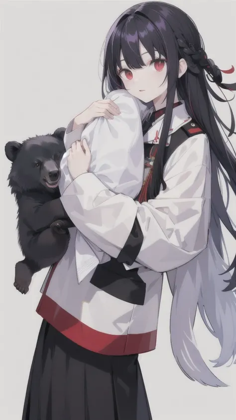 Asiatic black bear，two color hair，The left half has black hair，White hair on the right half，Red eyes，black military uniform，white collar，White V，Purple shawl，