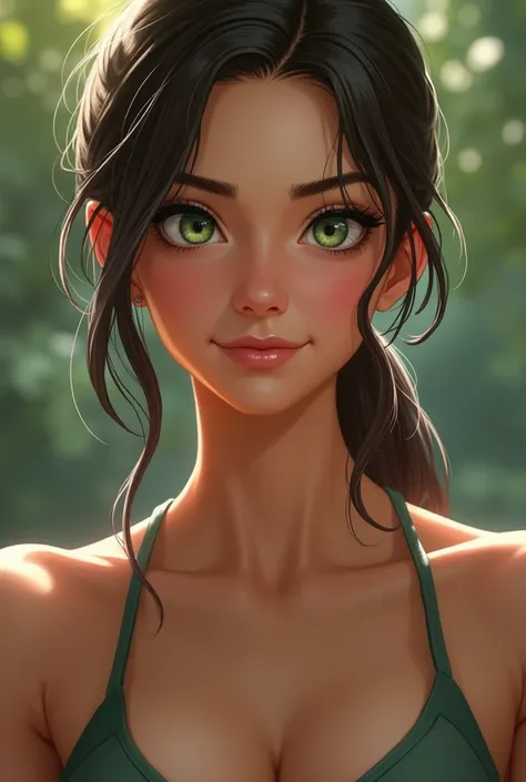 muscular woman with green eyes, with marked eyebrows and a gentle smile, 4, realistic  