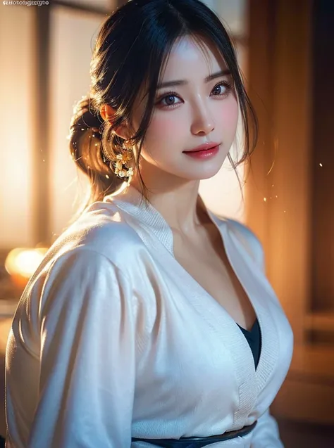 1girl, elegant martial artist woman, busty, beautiful detailed eyes, beautiful detailed lips, extremely detailed face and features, beautiful detailed teeth, warm smile, feminine power, intricate details, warm lighting, cinematic composition, dramatic ligh...