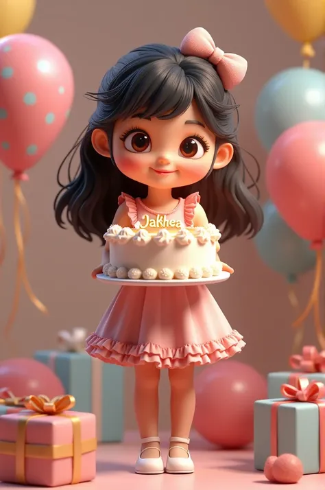 A create a 3D little pretty girl,wearing pink dress with white heels shoes,holding a birthday cake with embossed name "Jakhea" with a realistic background of more balloons and gifts.