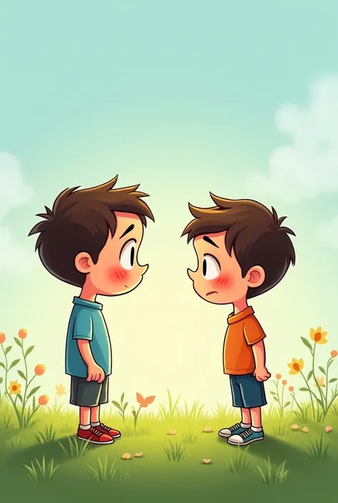 Create an image of two boys standing on a lawn, One of them tells the other that he is sad, The other friend replies that he has a solution for that.. comic style 