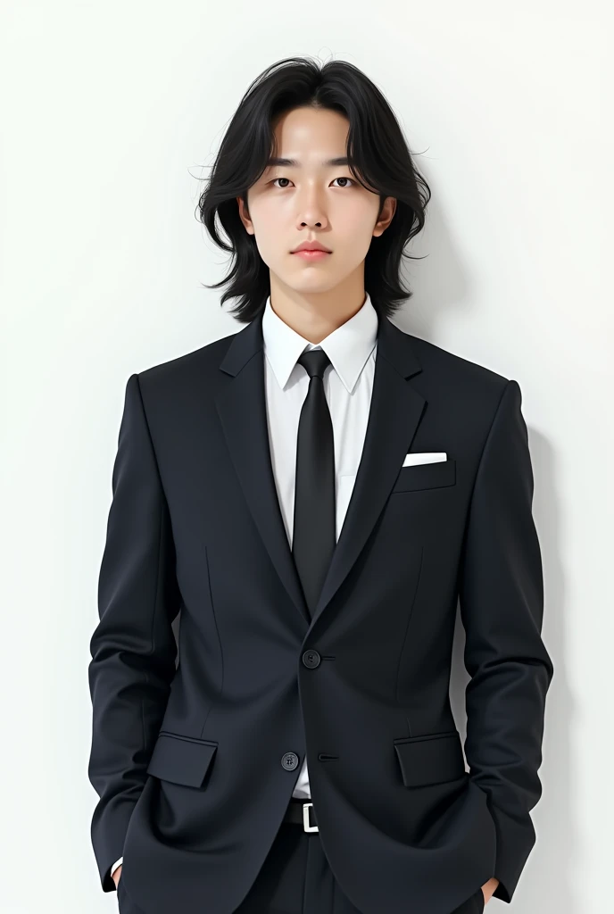 KOREAN MAN, light skin, twenty five years, Long hair, up to the neck and black, wearing a suit, hands in pockets, white background and serious expression. 
