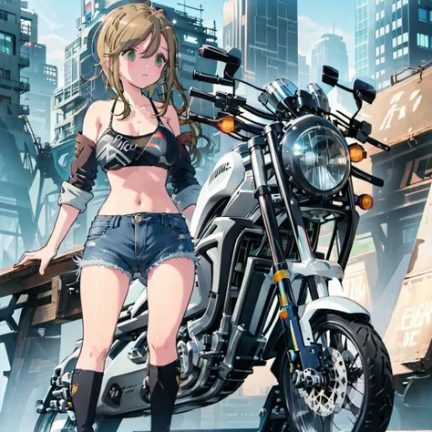 masterpiece,one girl,8k,building city background,the perfect motorcycle,astride a motorcycle,riding a motorcycle,scrambler style...