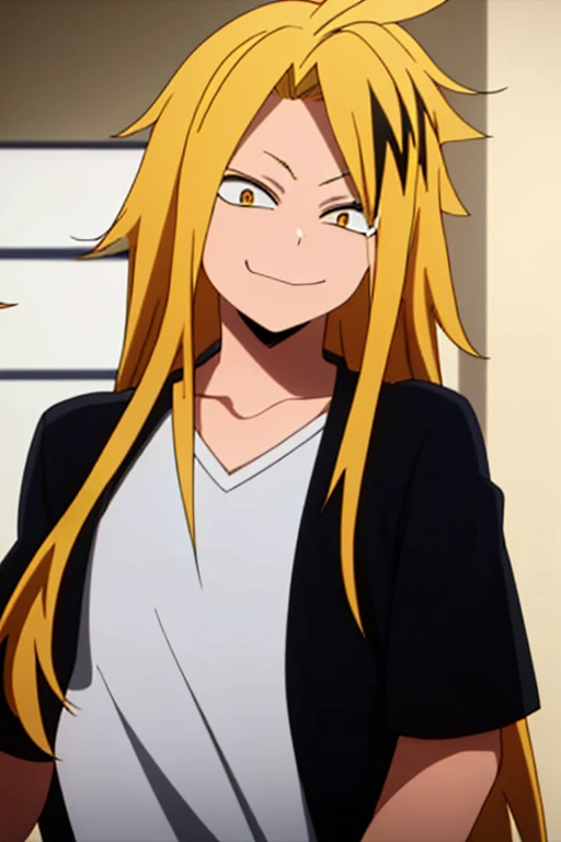 masterpiece, best quality, high quality, 1boy, solo, male focus, looking at viewer, upper body, kaminari_denki, blonde hair, multicolored_hair, female, long hair, normal smile, 1 girl, star pupils